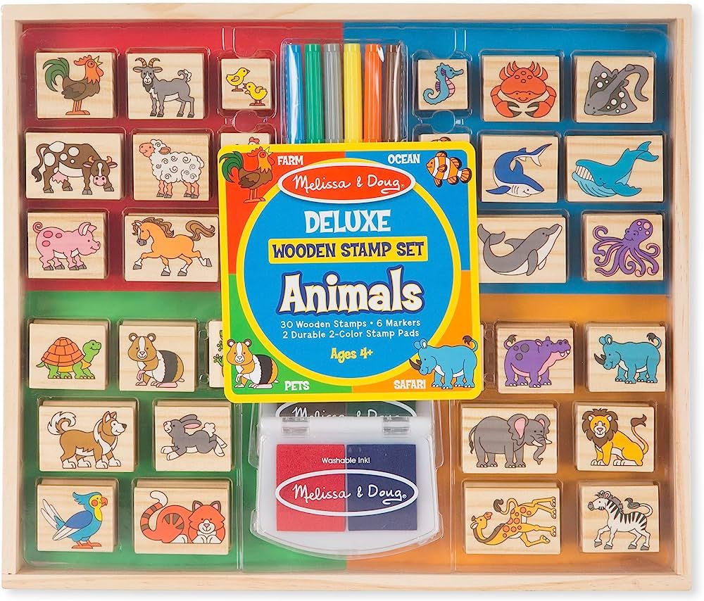 Melissa & Doug Deluxe Wooden Stamp Set: Animals - 30 Stamps, 6 Markers, 2 Stamp Pads - Kids Art P... | Amazon (US)