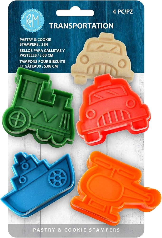 R&M Transportation Theme Cookie Cutter Stamper 4 Piece Set, Assorted Colors, Train, Boat, Helicop... | Amazon (US)