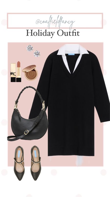 Work outfit/ Holiday Outfit 
Layer it on. This Wool and Cotton Combo Sweaterdress pairs a soft, cozy knit with a crisp shirt collar and hem, for a layered look without the bulk. Wear it with boots and tights for work, the weekend, wherever! Not itchy! Great black sweater dress! 

#LTKworkwear #LTKHoliday #LTKover40