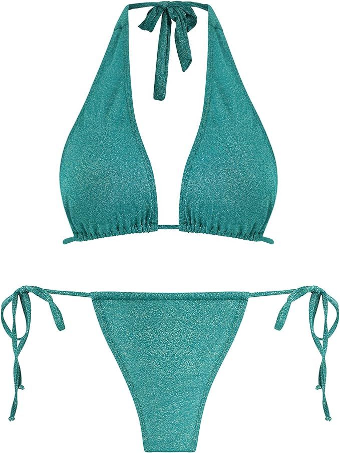Bikini Set Halter Bathing Swimsuit: Women’s Two Piece Swimwear - Sexy String Triangle Top - Adj... | Amazon (US)