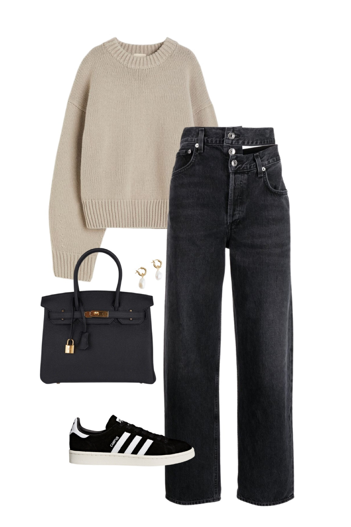Fall fashion outfit inspiration: brown knit sweater from h&m, black agolde jeans, black adidas sneakers, pearl earrings and a black hermes look a like handbag. 

#LTKstyletip #LTKworkwear #LTKitbag