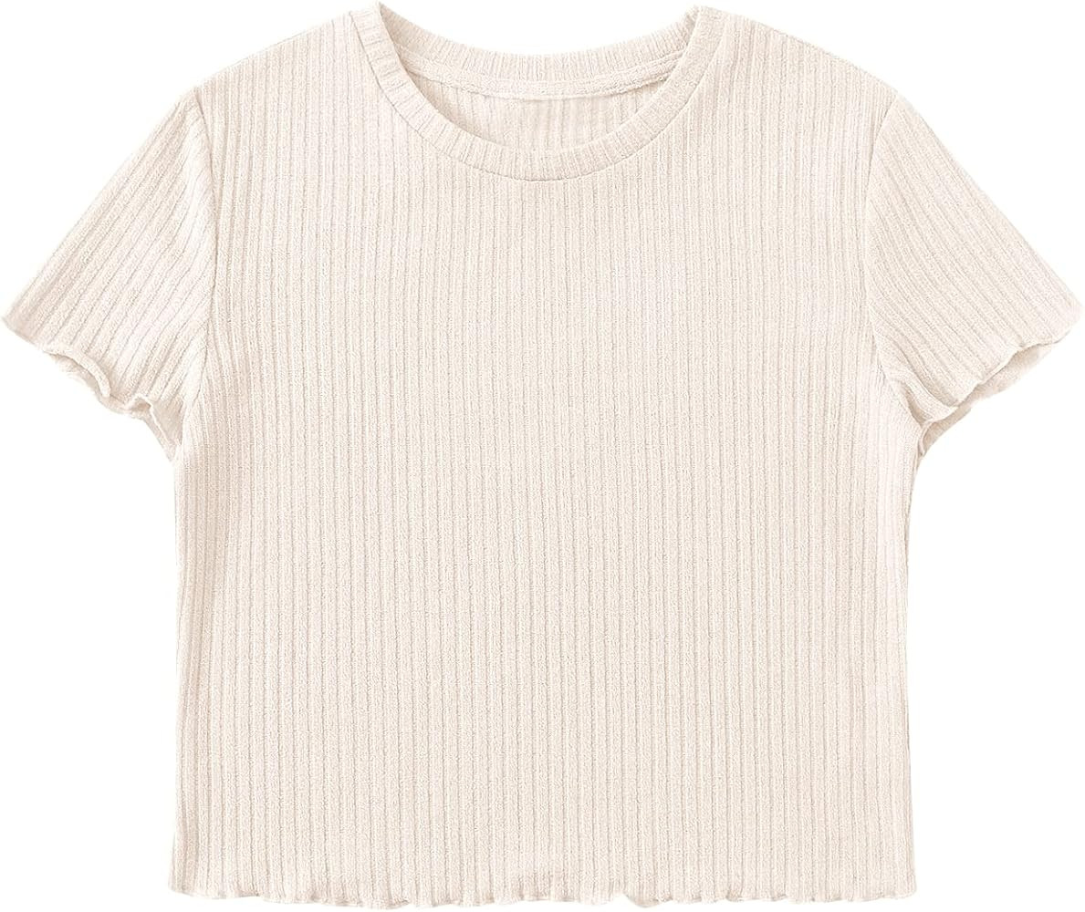 SweatyRocks Women's Solid Crew Neck Ribbed Knit Short Sleeve Crop Top T Shirts | Amazon (US)