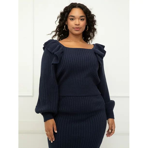 ELOQUII Elements Women's Plus Size Square Neck Sweater With Ruffles - Walmart.com | Walmart (US)