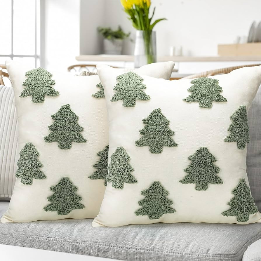 Mixweer 2 Pcs Christmas Pillow Covers 18x18 Inch Neutral Christmas Tree Embroidery Throw Pillow C... | Amazon (US)
