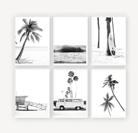 Set of 6 Beach Prints, Coastal Print Set, Black and White Prints, Art Print Set, Palm Tree Print,... | Etsy (US)