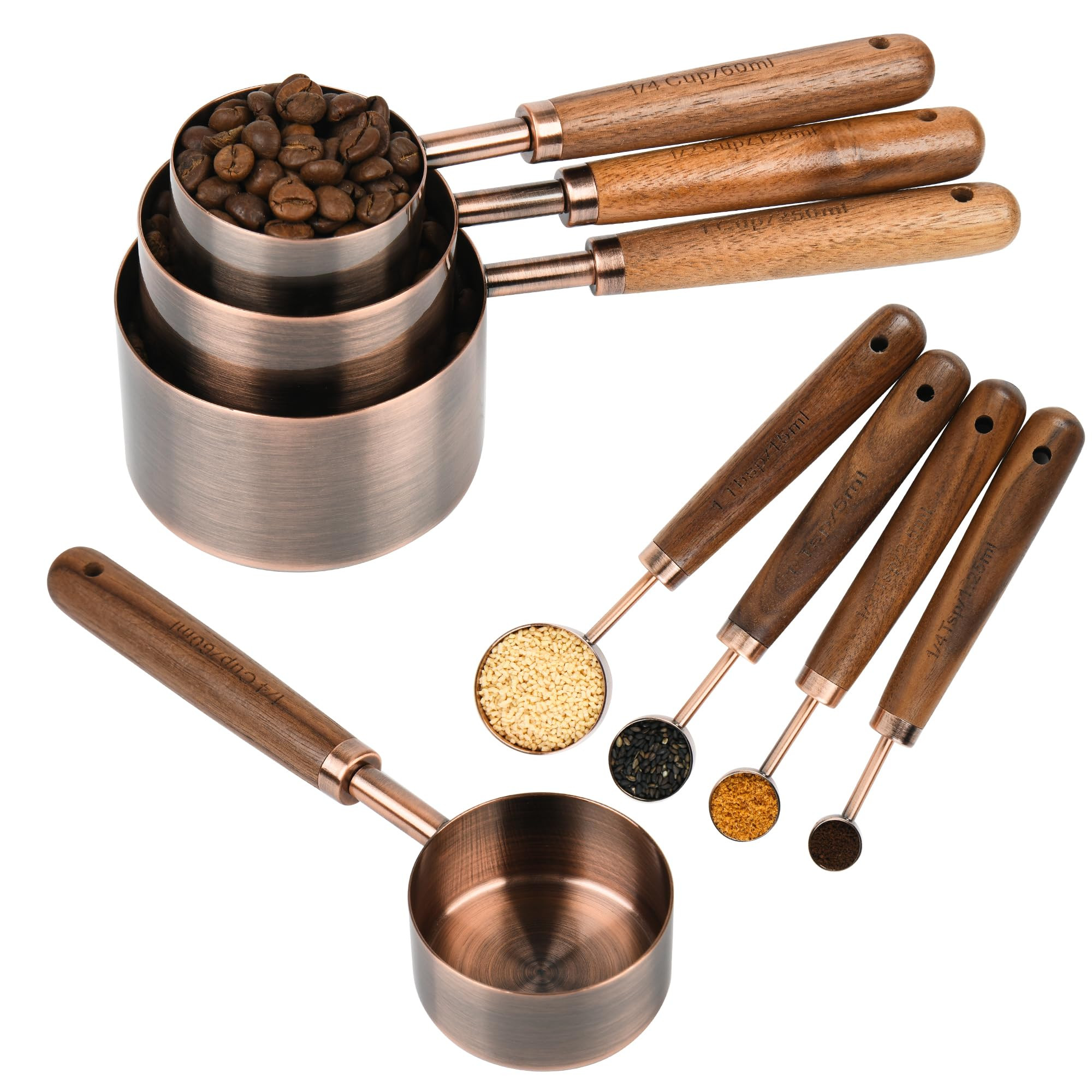Measuring Cups and Spoons Set with Wood Handle, Stainless Steel Measuring Cup and Spoons Set, Cop... | Amazon (US)