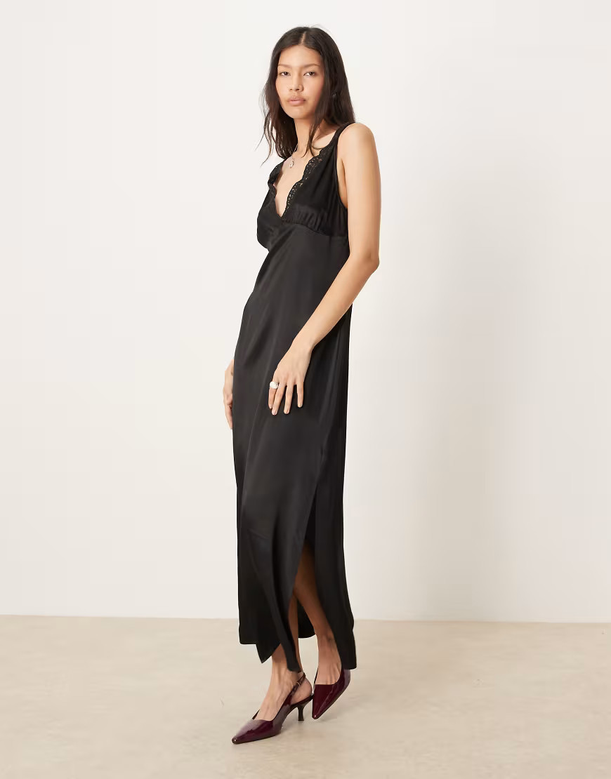 ASOS DESIGN v neck lace detail slip satin midi dress in black | ASOS (Global)