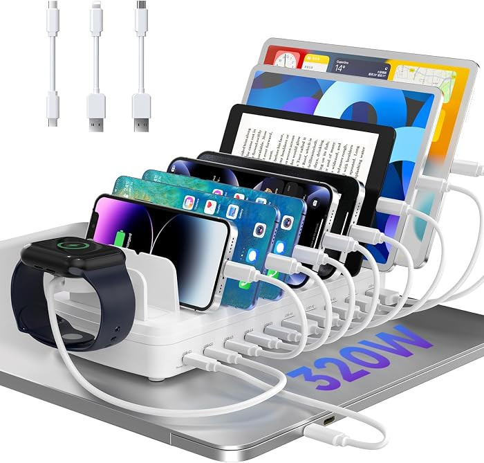 320W Charging Station for Multiple Devices, 10 Ports Fast Multi-Device Charger Organizer Compatib... | Amazon (US)