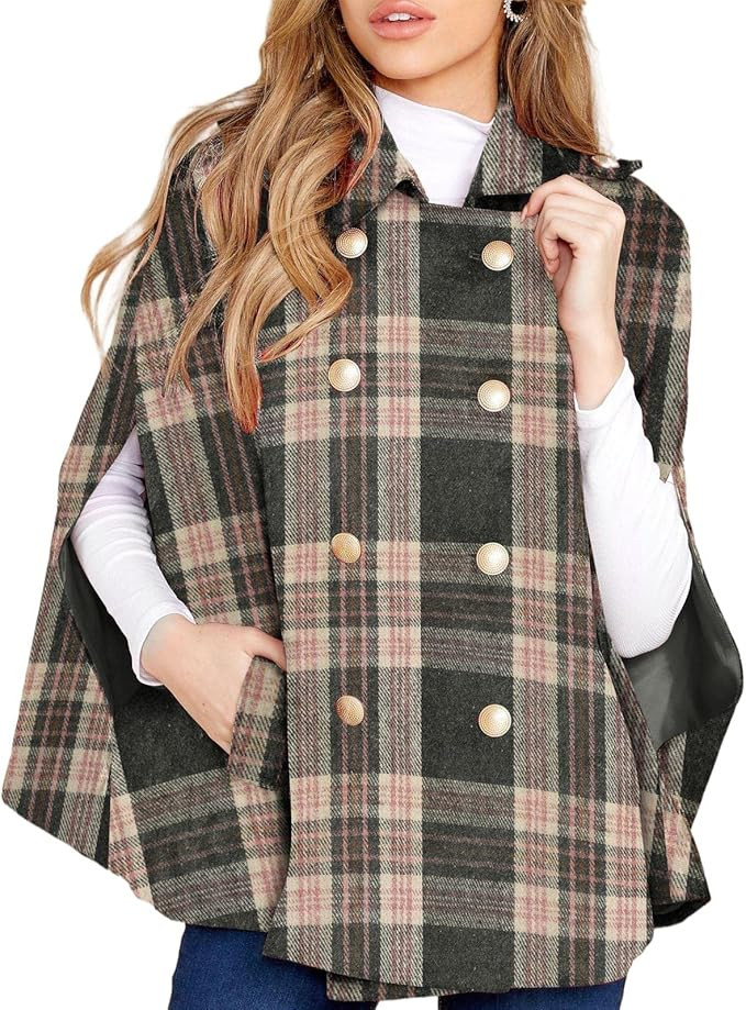 Womens Plaid Jacket Double Breasted Winter Cape Coats Turn Down Poncho with Pockets | Amazon (US)