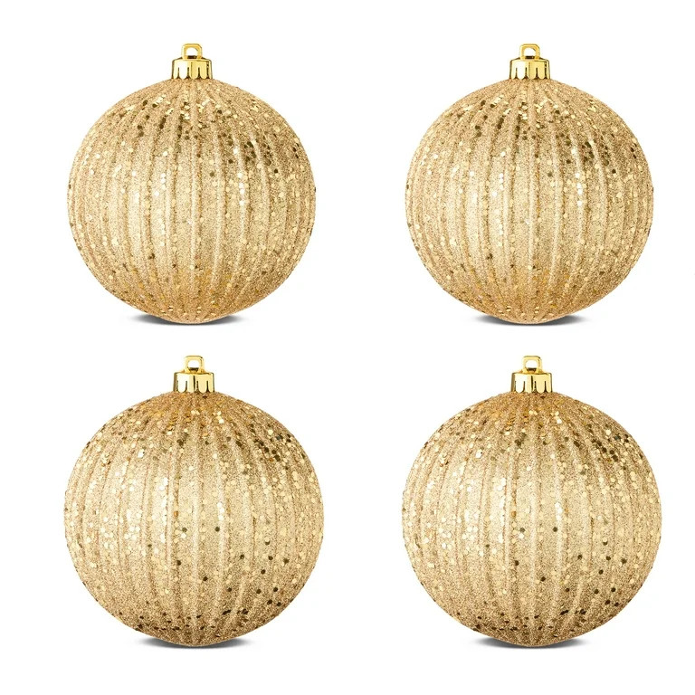 4-Count Gold Glitter Shatterproof Textured Christmas Ornaments, 5.9 in, by Holiday Time | Walmart (US)
