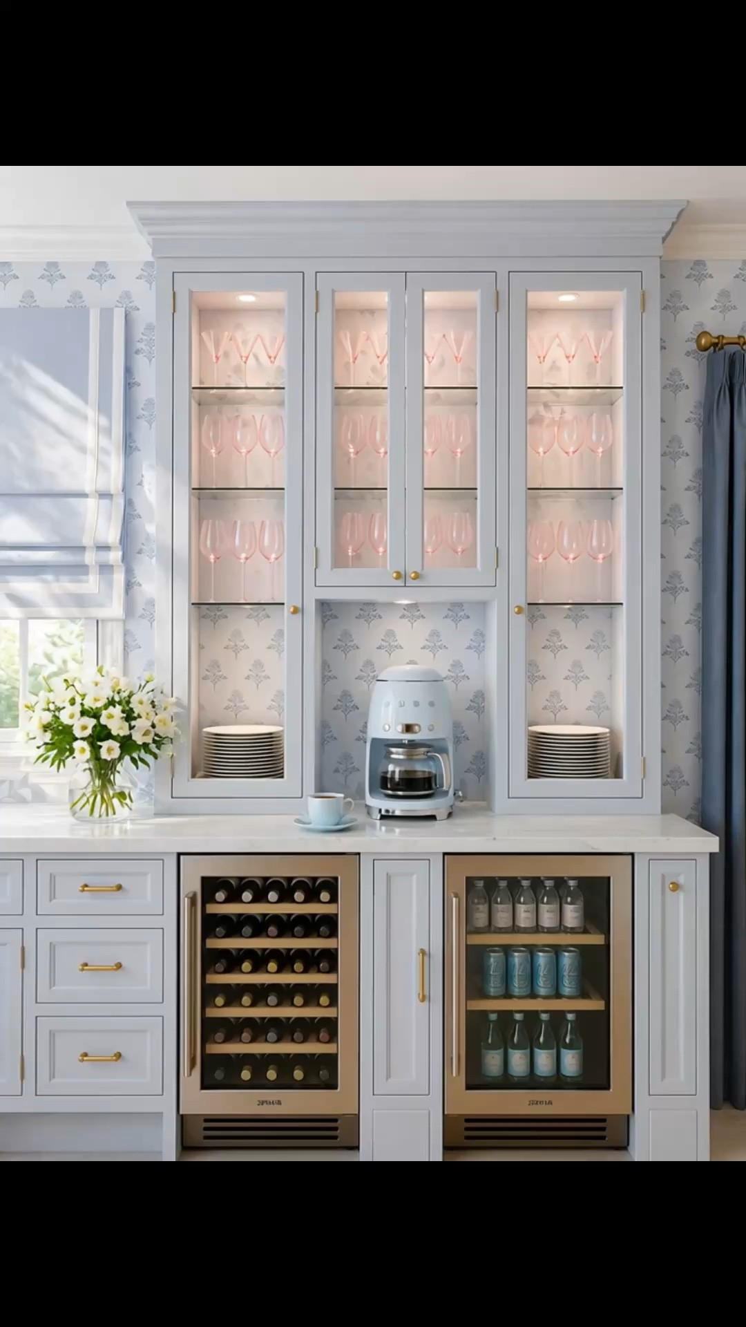 Morning coffee feels even better when the kitchen is designed to work beautifully. ☕️✨

With entertaining season around the corner, I especially love the idea of adding under-counter appliances to a coffee or beverage station. A beverage cooler gives you extra storage for sparkling water, wine, mixers, and drinks while keeping everything organized and easy to reach.

Because it sits neatly under the counter, it also helps preserve valuable countertop space and can work beautifully in a kitchen, coffee station, home bar, or entertaining area.

Paired with soft blue floral wallpaper, glass-front cabinetry, warm brass details, and a dedicated coffee setup, this feels polished, functional, and ready for the holiday season.

A great time to shop under-counter appliances and kitchen favorites during the Labor Day Sale.

#LaborDaySale #KitchenAppliances #UndercounterAppliances #BeverageCooler #BeverageFridge #WineCooler #CoffeeStation #CoffeeBar #MorningCoffee #KitchenDesign #KitchenStorage #KitchenOrganization #HomeBar #EntertainingAtHome #HolidayEntertaining #Wallpaper #Blue

#LTKdayinmylife #LTKHome #LTKSaleAlert