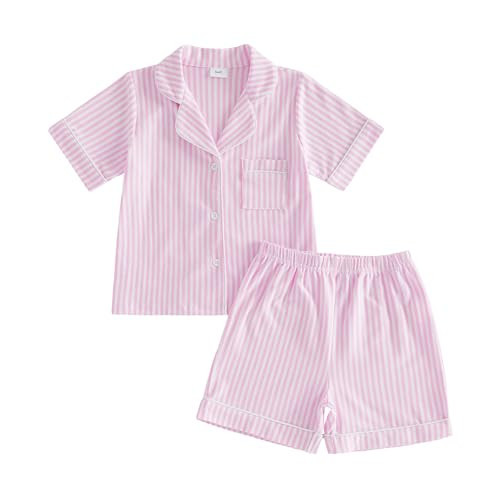Multitrust Toddler Baby Girl Boy Cotton Pajamas Set Striped Short Sleeve Button Down Shirt Tops and Shorts 2PCS Girls Sleep Sets (Pink, 12-18 Months) | Amazon (US)
