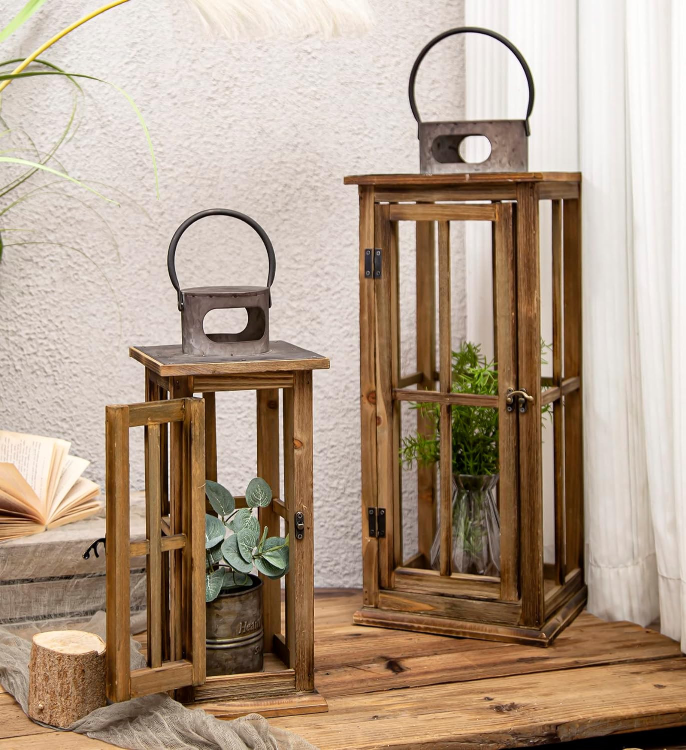 TIMRIS Large Farmhouse Wooden Metal Lantern Set of 2, Rustic Decorative Floor Candle Lanterns, Vi... | Amazon (CA)
