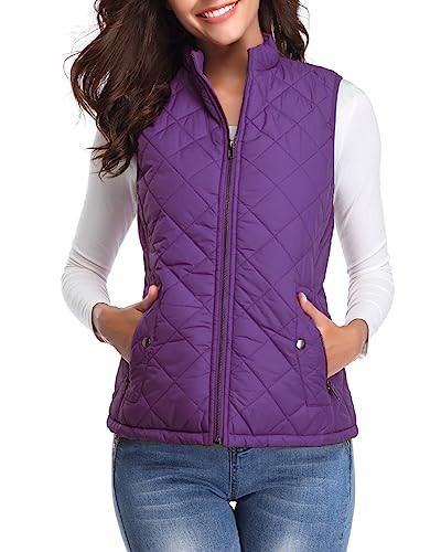 Fuinloth Women's Quilted Vest, Stand Collar Lightweight Zip Padded Gilet Purple M | Amazon (US)