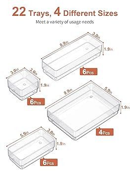 SMARTAKE 22-Piece Drawer Organizer with Non-Slip Silicone Pads, 4-Size Clear Desk Drawer Organize... | Amazon (US)
