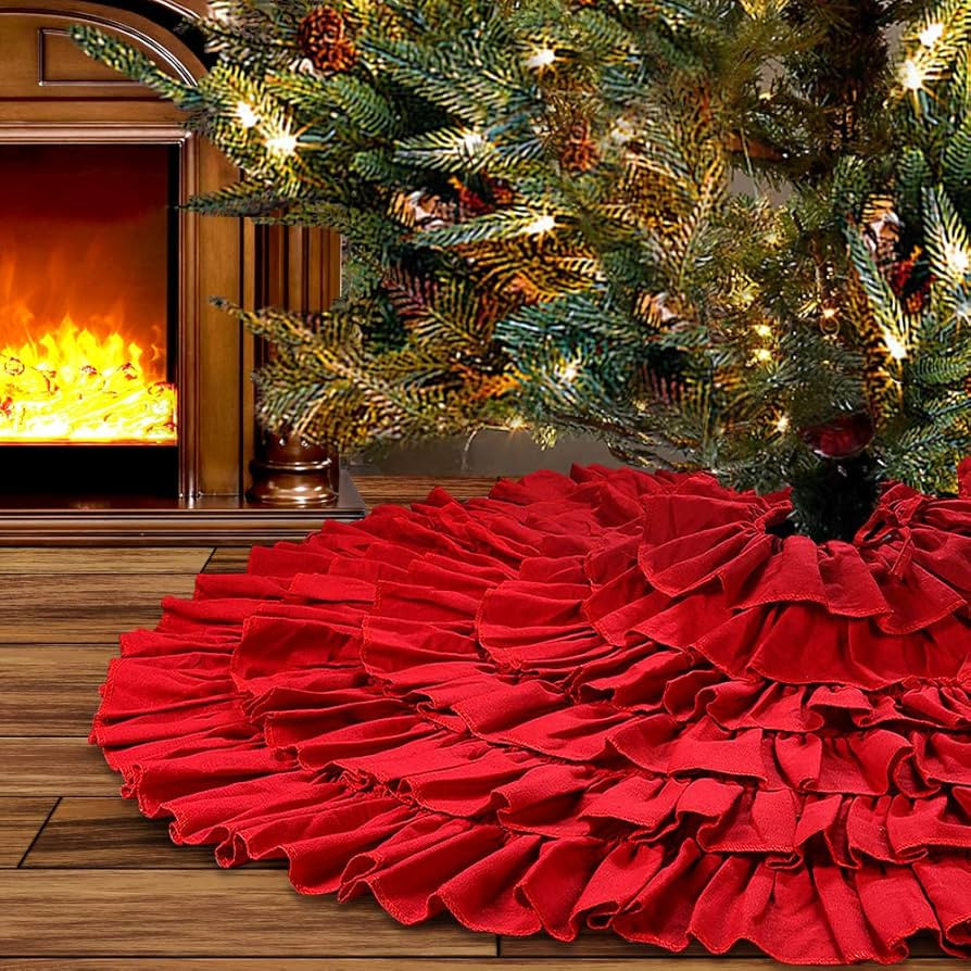 yuboo Red Ruffle Christmas Tree Skirt for Artificial Trees, 48 inches 6-Layer Fluffy Large Tree S... | Amazon (US)