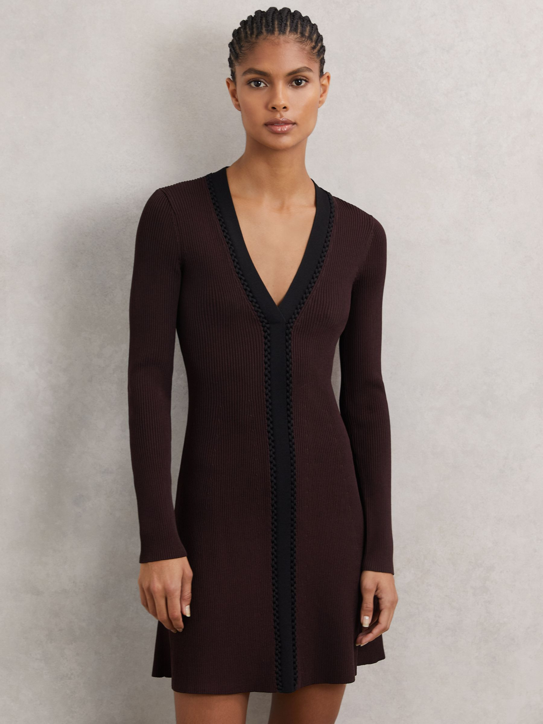 Reiss Craft-Stitch Rib-Knit Mini Dress in Burgundy/Black - REISS | Reiss UK
