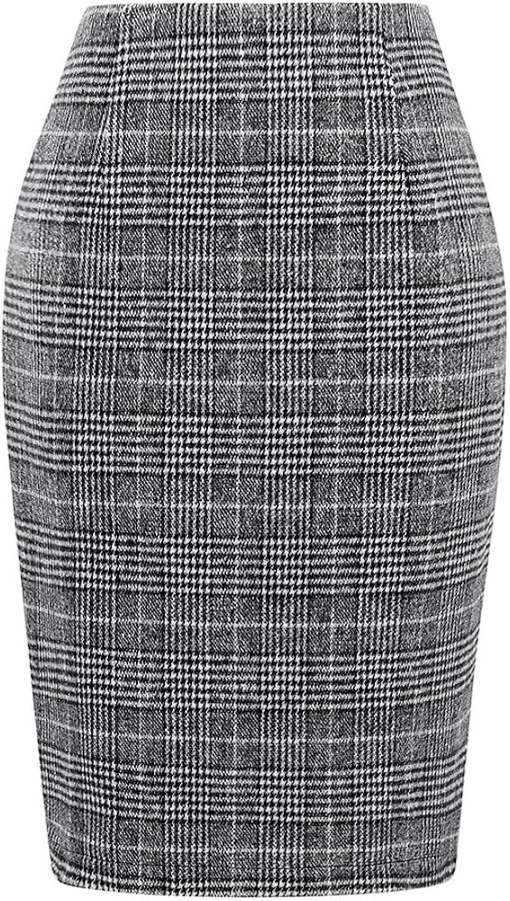 IDEALSANXUN Plaid Skirts for Women Fall Winter Knee Length Pencil Wool Skirt with Slit | Amazon (US)