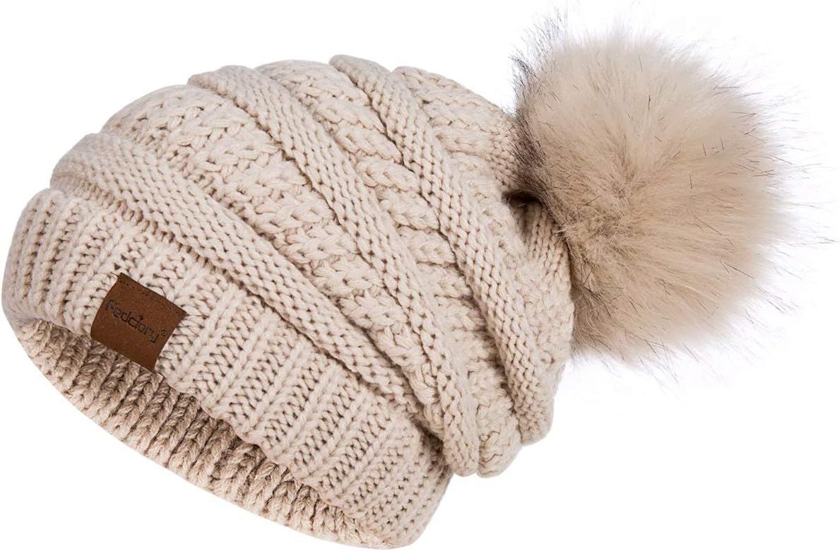 Womens Winter Slouchy Beanie Hat, Knit Warm Fleece Lined Thick Thermal Soft Ski Cap with Pom Pom | Amazon (US)