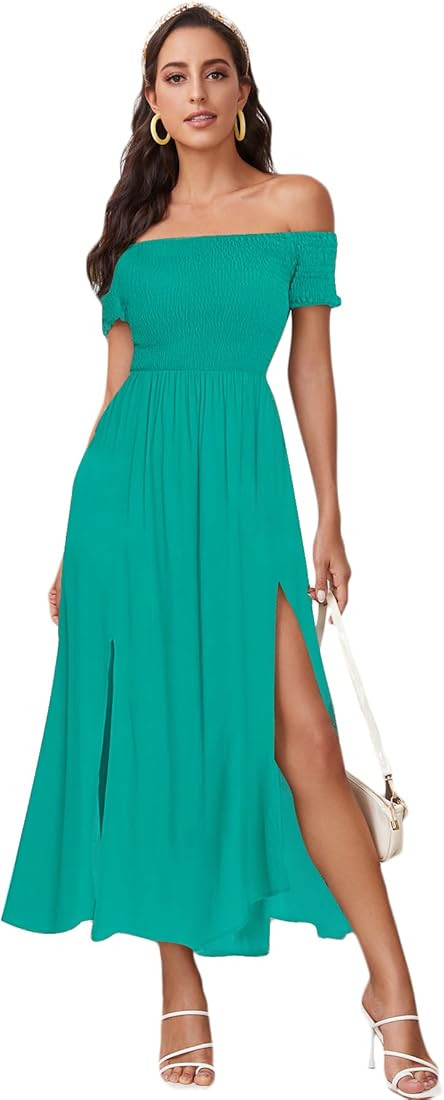 Women's Boho Floral Print Off Shoulder Split Long A Line Dress | Amazon (US)