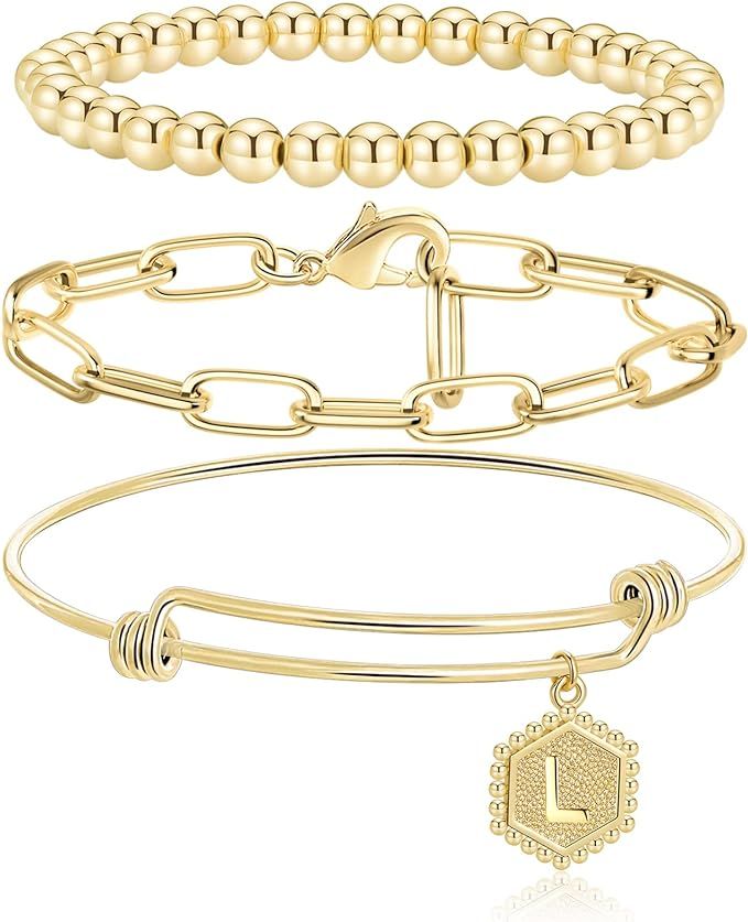 Shownee Gold Bangle Bracelets for Women Initial Charm Bracelets Adjustable with Paper Clip Link 1... | Amazon (US)