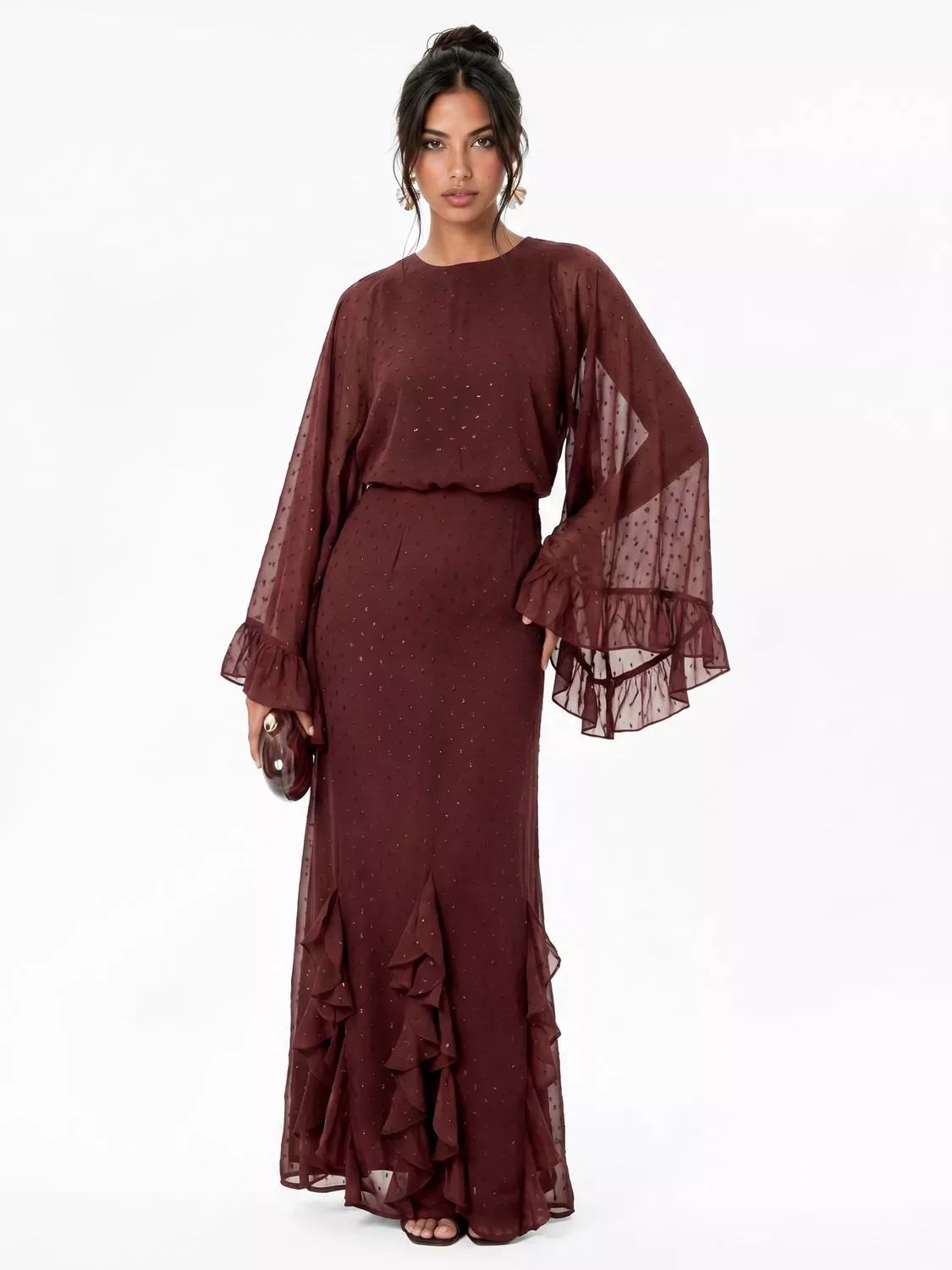 Anaya With Love Sheer Jacquard Long Sleeve Ruffle Maxi Dress, Chocolate Truffle | John Lewis (UK)