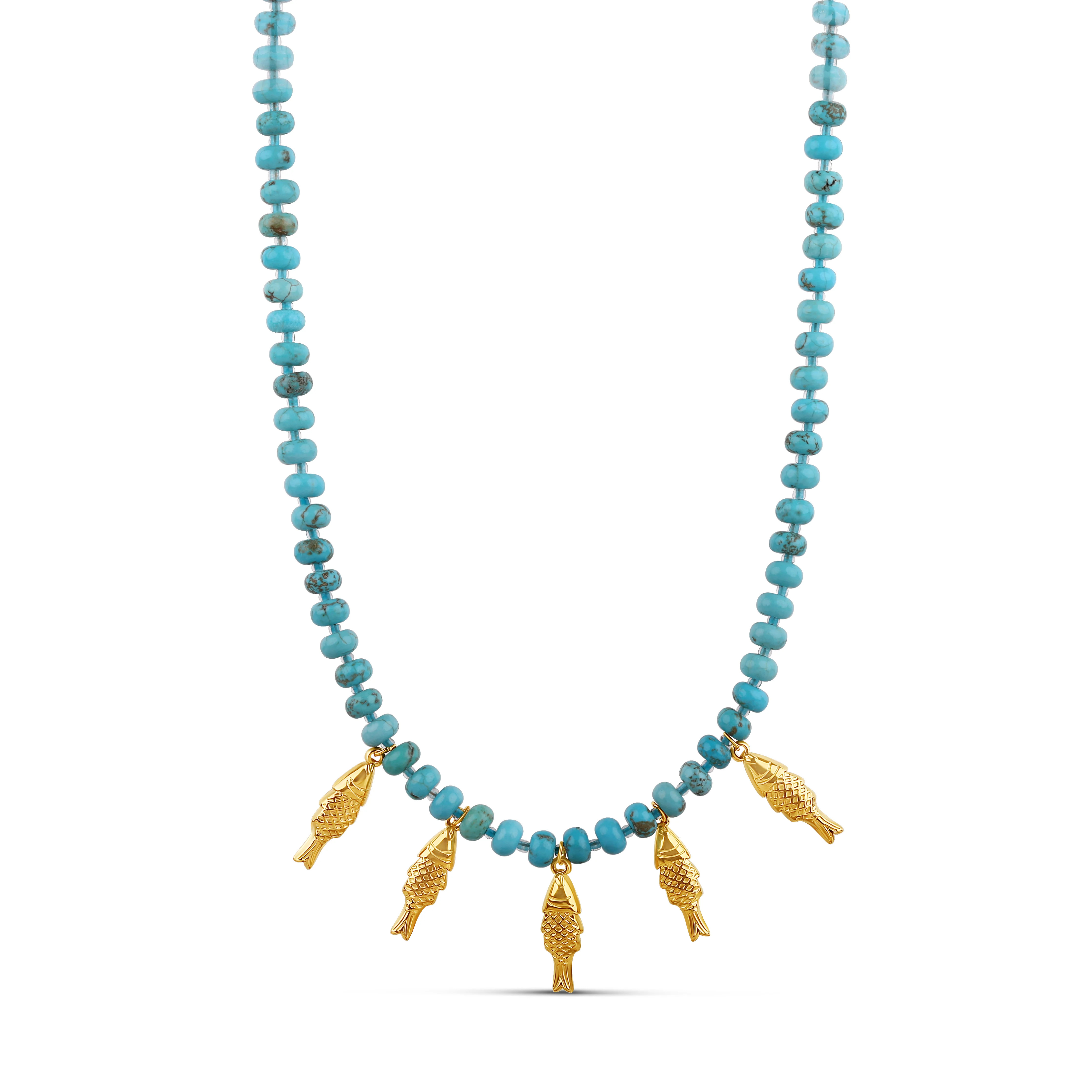 Genuine Turquoise Beaded Fish Charm Necklace - 16" Waterproof Stainless Steel | Hannah B Jewelry