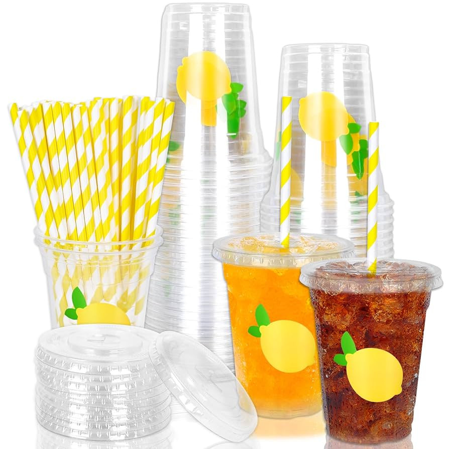 Whaline 50Pcs Lemon Disposable Plastic Cups with Lids and Straws 12oz Party Cups Yellow Lemon Col... | Amazon (US)