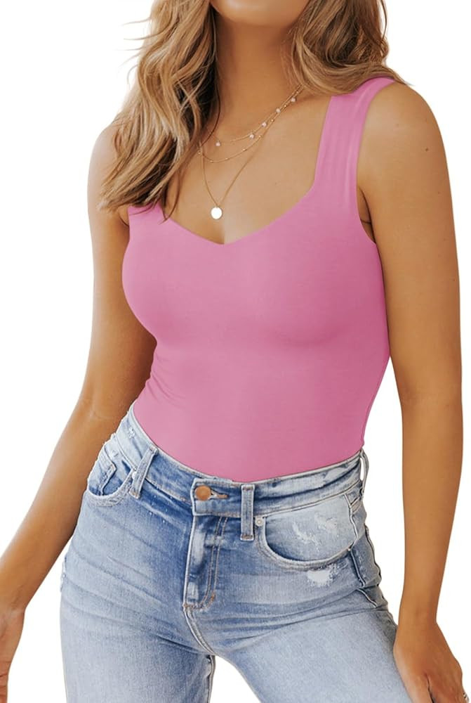PINKMSTYLE Women's Basic Double Lined V Neck Tank Tops Sleeveless Shirts Slimming Summer Tops | Amazon (US)