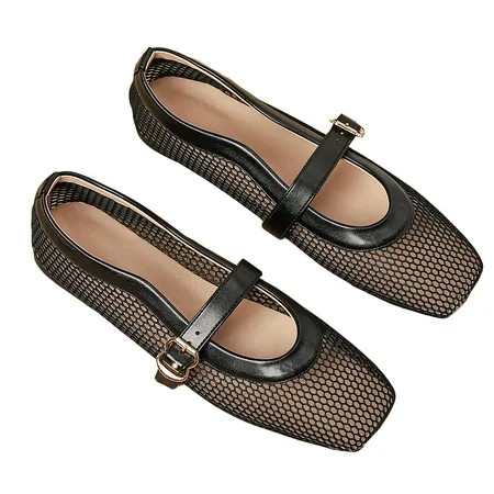 Ruiatoo Comfy Fishnet Ballerina Flat Shoes for Women - Mesh Ballet Flats with Buckle Strap for Casual, Office Wear Black 36 | Walmart (US)