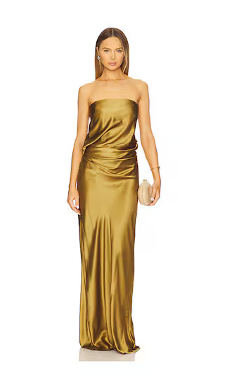 The Sei Draped Strapless Gown in Antique Gold - Metallic Gold. Size 4 | Revolve Clothing (Global)