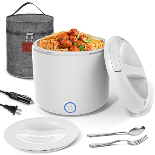 Herrfilk Electric Lunch Box Food Heater, 1.2L/41oz Heated Lunch Boxes for Adults, 12V/24V/110V Portable Food Warmer for Car/Truck/Office With Fork Spoon and Insulated Carry Bag（White） | Amazon (US)