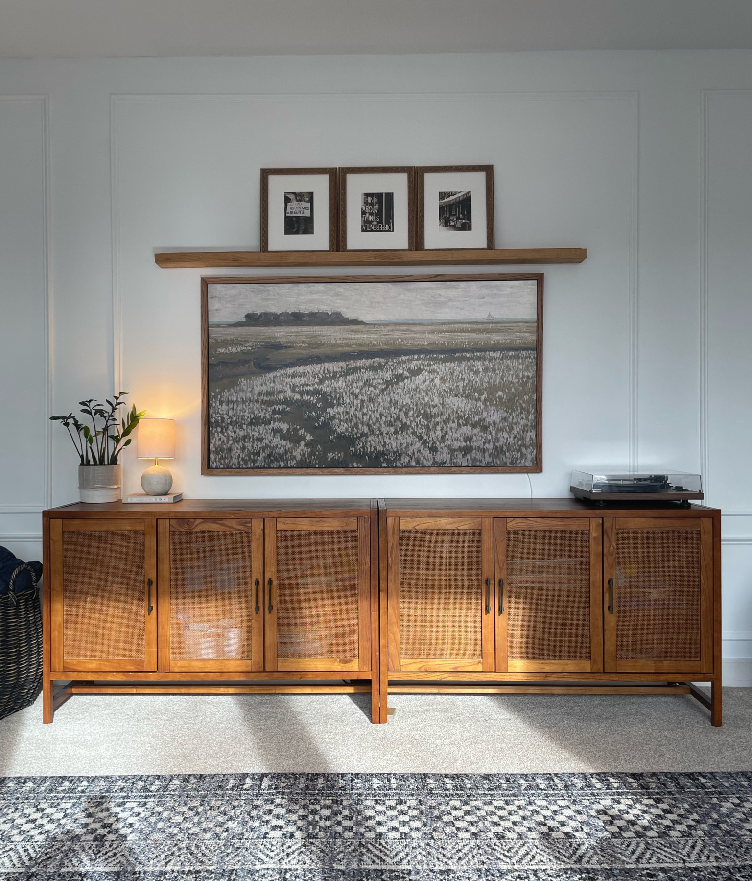 Target Warwick 3 door accent TV stand. We purchased two and pushed them together to make one large stand. Great for storing kids toys! Watch out for sales as we bought ours around $250 each.

#LTKhome #LTKfamily