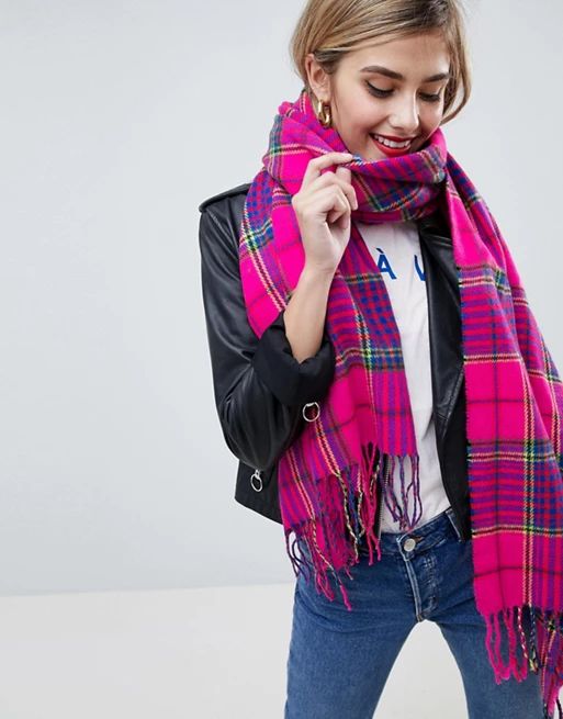 ASOS DESIGN check scarf with tassels in hot pink | ASOS US