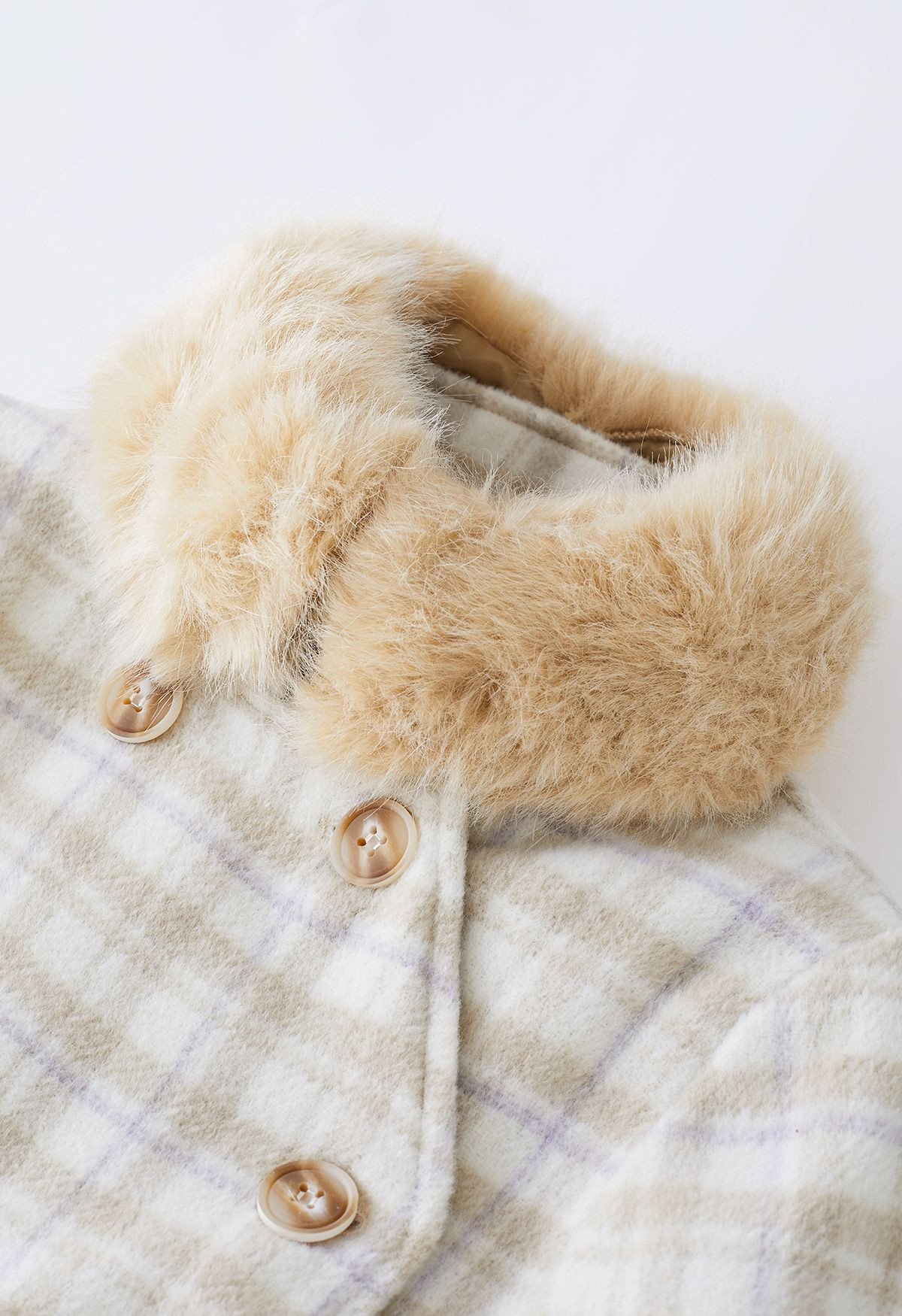 Plaid Faux Fur Collar Double-Breasted Cape Coat | Chicwish