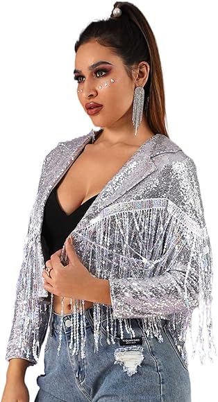 EVILD Women’s Sequins Party Bomber Jackets Long Sleeve Glitter Jacket Tassel Sparky Open Front ... | Amazon (US)