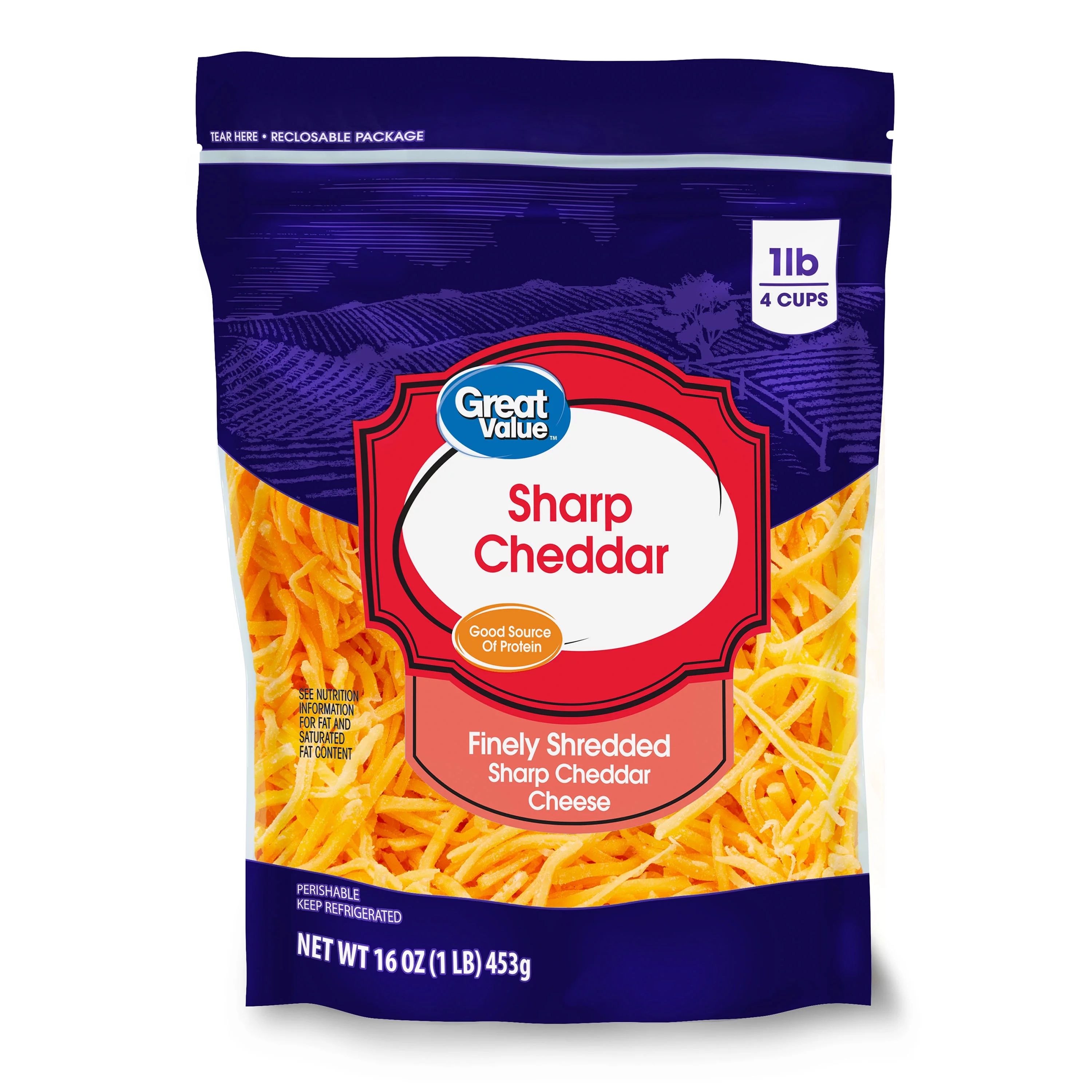 Great Value Finely Shredded Sharp Cheddar Cheese, 16 oz | Walmart (US)