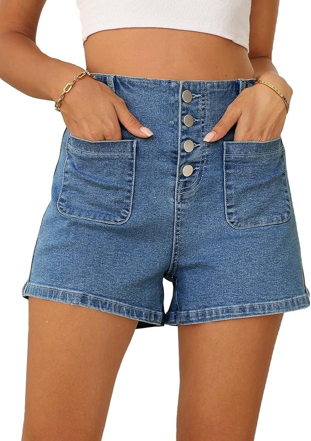 Sidefeel Women's Jean Shorts Button Fly Stretchy High Waisted Summer Denim Shorts Pants with Pock... | Amazon (US)