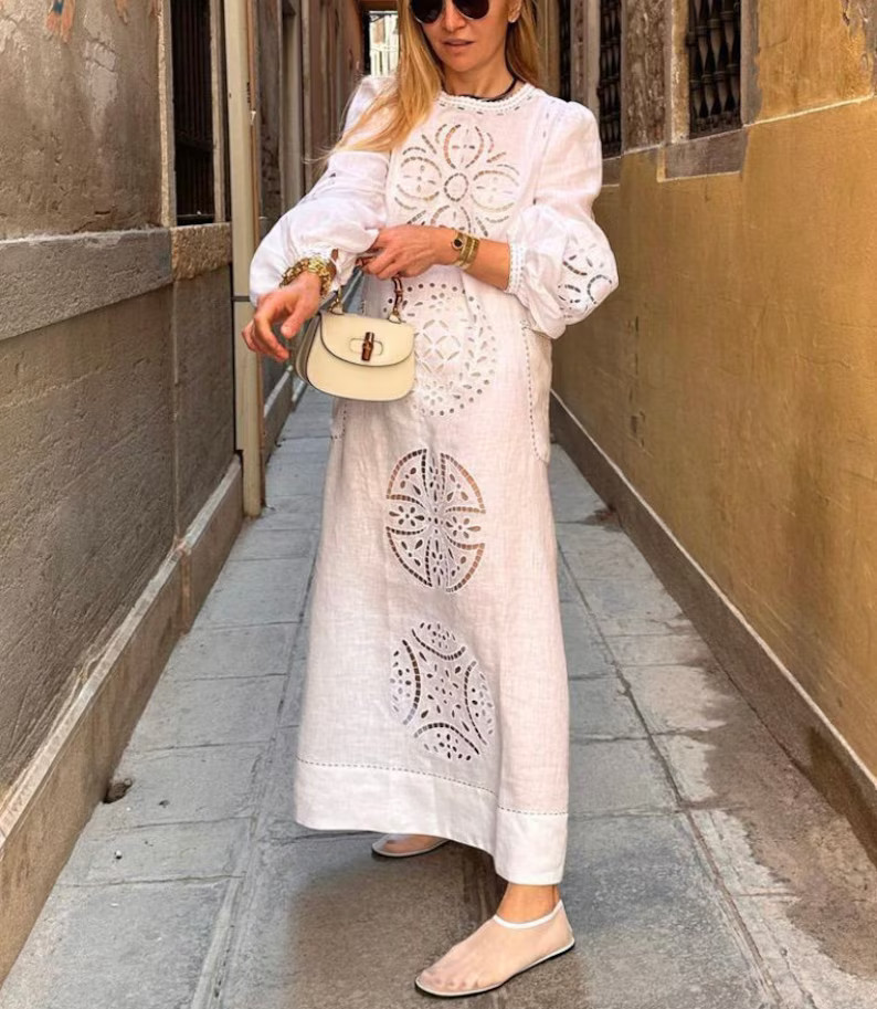 Resort Embroidered Linen Dress Richelieu Ukrainian Dresses - Etsy | Etsy (US)