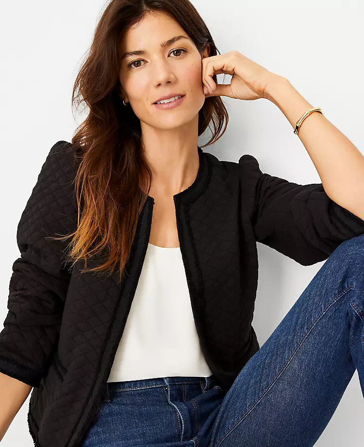 Diamond Jacquard Cropped Puff Sleeve Jacket | Ann Taylor (US)