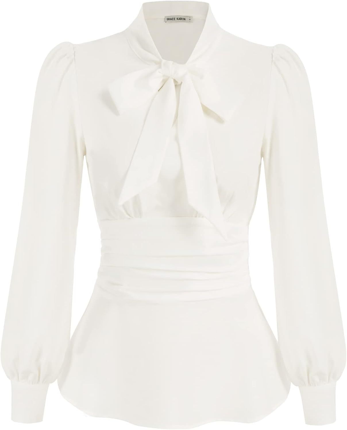 GRACE KARIN Women's Office Bow Tie Blouse Puff Sleeve Peplum Dressy Shirt Smocked Waist | Amazon (US)