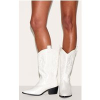 White Wide Fit Point Toe Stitching Heeled Ankle Cowboy Boots | PrettyLittleThing US