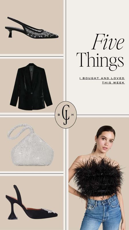 Five things I bought and loved on Cella Jane. Velvet blazer, rhinestone sling backs, sparkly satin heels, sparkly bag, feather strapless top  

#LTKstyletip #LTKSeasonal #LTKHoliday