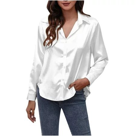 Bospose Womens Long Sleeve Tee Shirt Satin Blouse Silk Top White Sweatshirt Women Fashion Turndown C | Walmart (US)