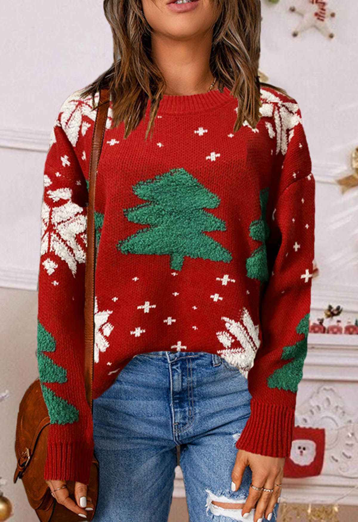 Christmas Tree and Snowflake Jacquard Knit Sweater in Red | Chicwish