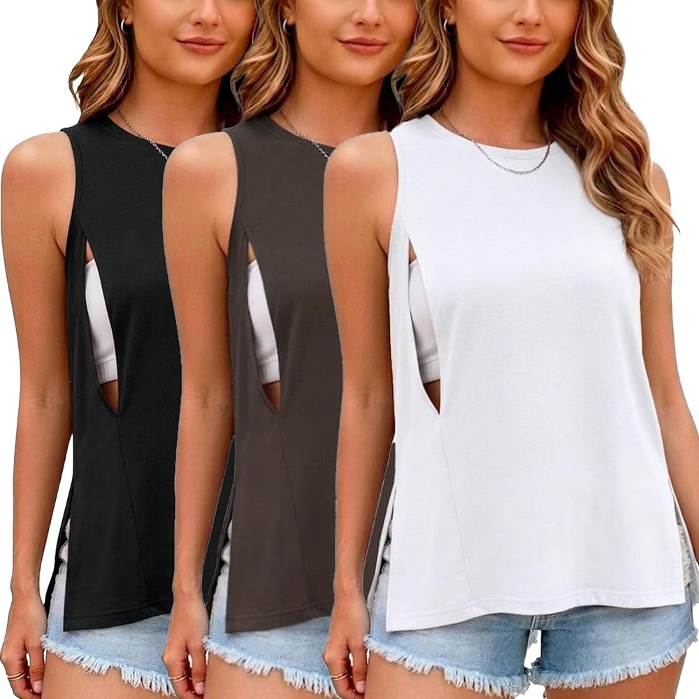 Ecavus Women's 3-Pack Nursing Tank Tops Hidden Zippers Sleeveless Breastfeeding Shirts Loose Fit ... | Amazon (US)