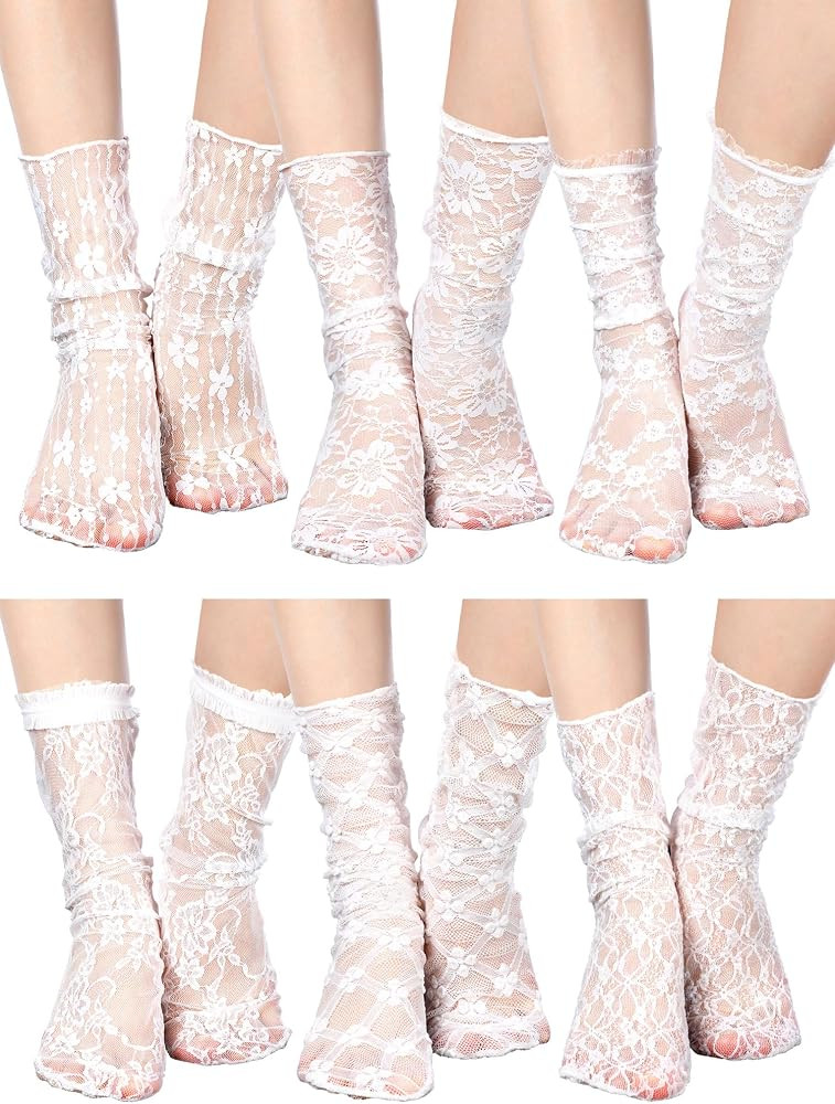 Geyoga 6 Pairs Slouch Lace Socks Women Mesh Frilly High Loose Lace Ruffle Ankle Socks for Spring ... | Amazon (US)