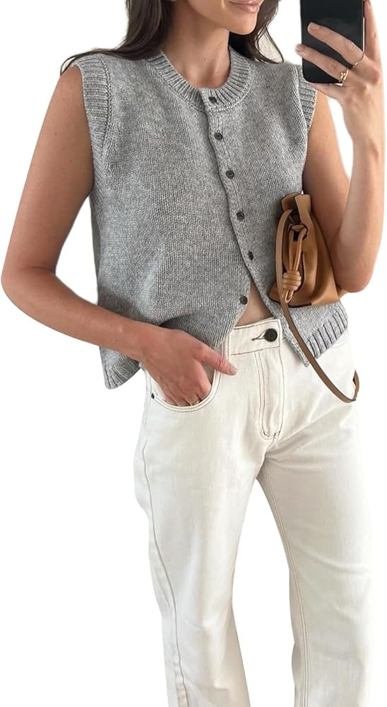 Women Y2K Knit Vest Vintage Casual Sleeveless Button Down Knitted Basic Tank Tops Sweater Top Blo... | Amazon (US)