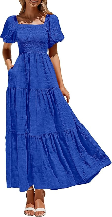 PRETTYGARDEN Womens Summer Puff Short Sleeve Maxi Dress Square Neck Smocked Tiered Ruffle A Line ... | Amazon (US)