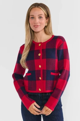 Red Plaid Button Front Cardigan | Avara